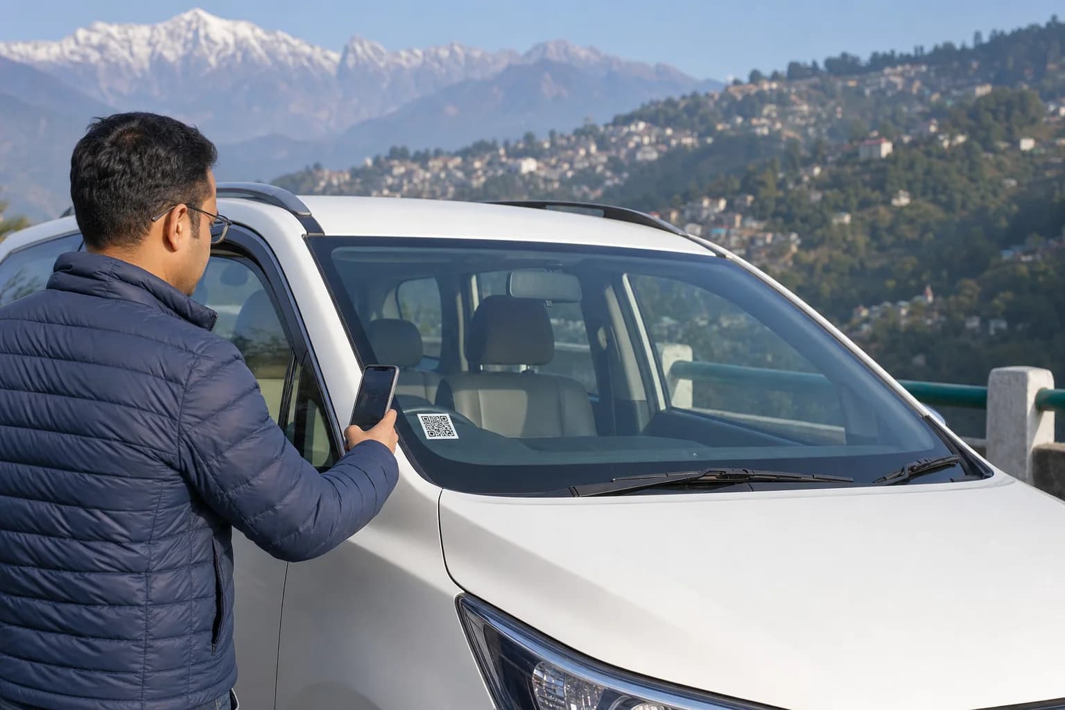 Passenger scanning the windshield QR on a registered tourist vehicle in Sikkim